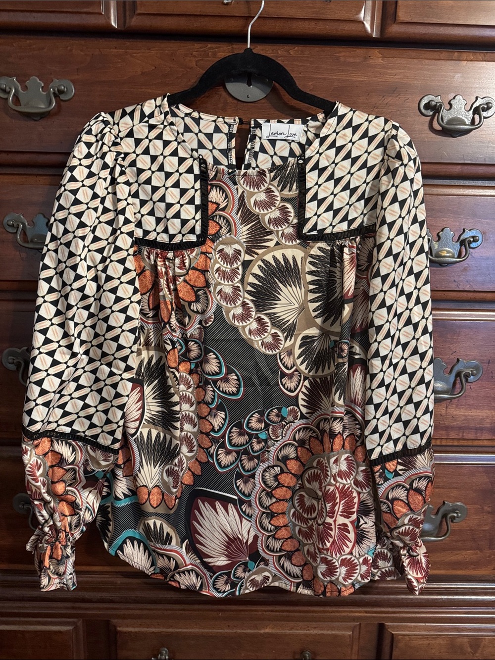 Lemon Love Peasant Blouse in Cream, Black & Rust